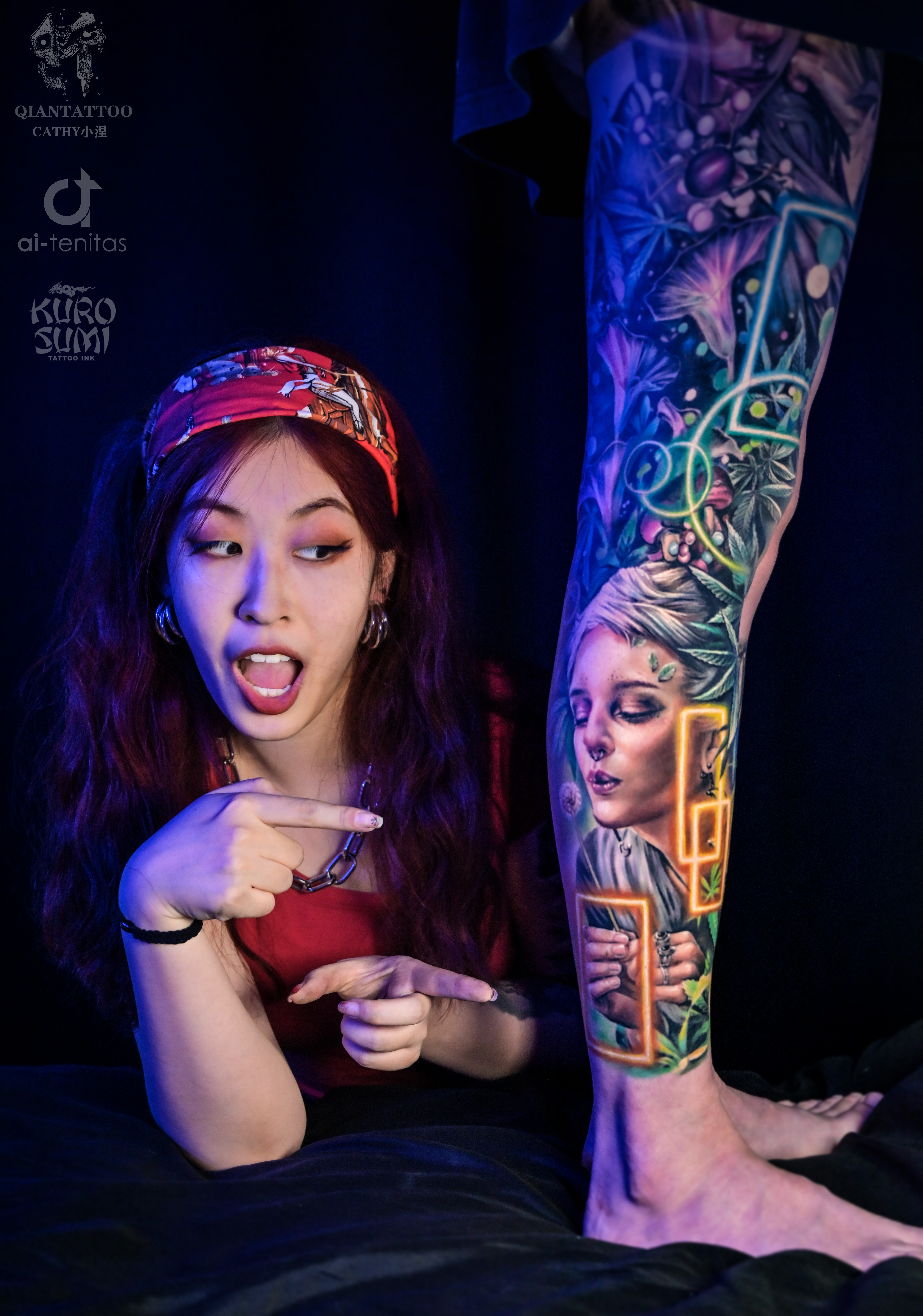 Cathy Tattoo artist in Chongqing showcasing a realistic tattoo design with KURO SUMI ink, featuring the QIANTAITOO studio branding and signature 'CATHY小狸' artist name.