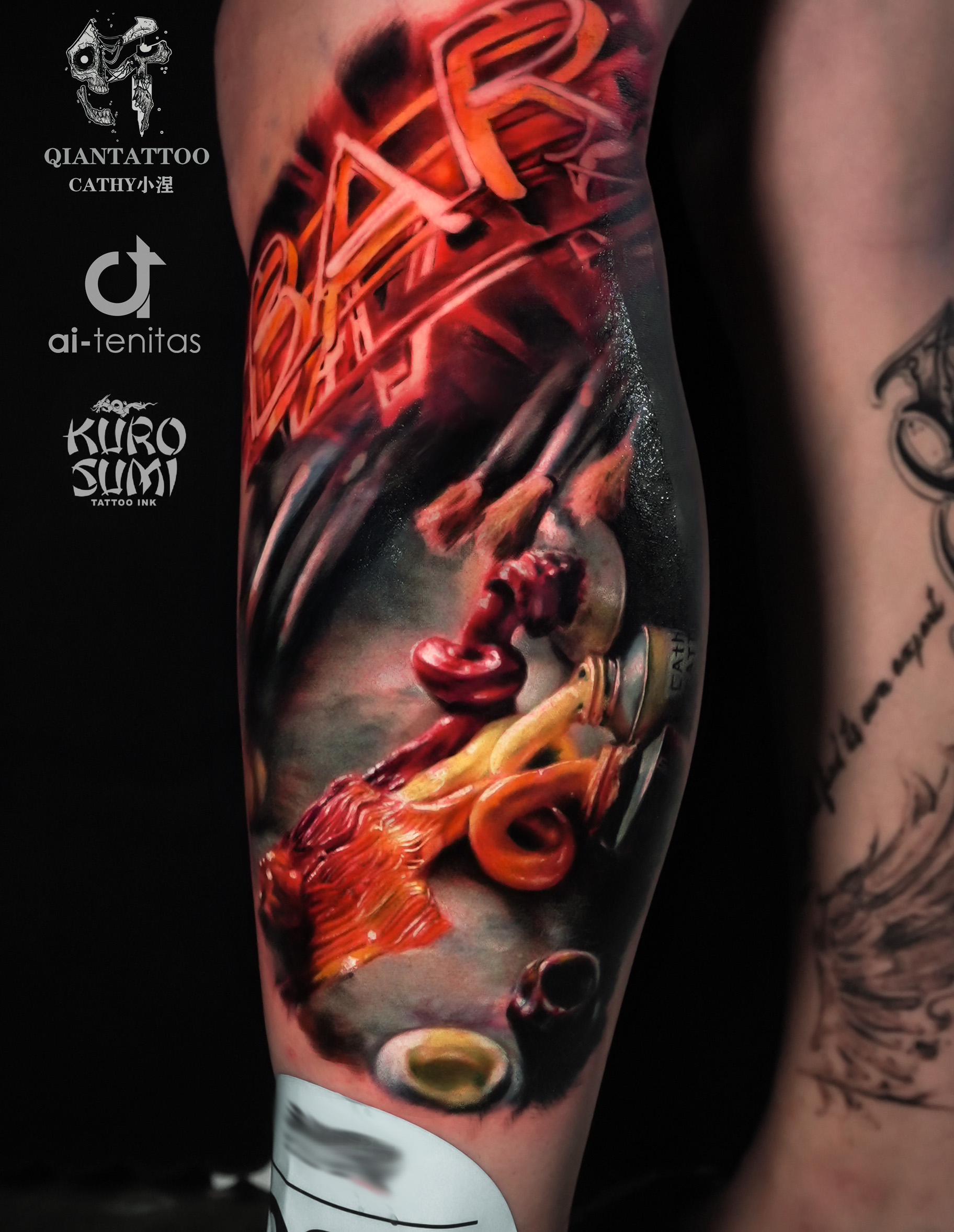 Cathy Realistic Tattoo portfolio at QIANTAITOO Chongqing, showcasing intricate ink work with KURO SUMI and 'CATHY小涅' signature.