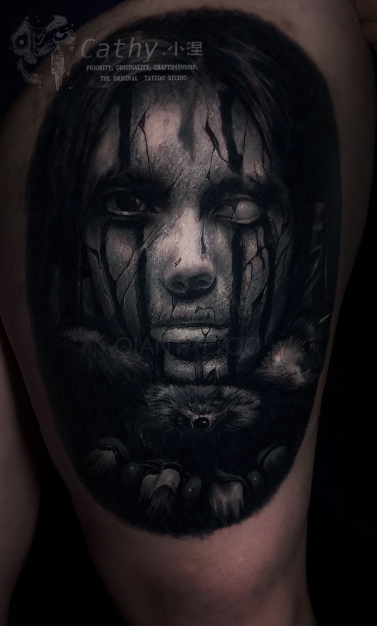 Devil realism tattoo by Cathy Xiaonie - Black/gray detailed demon artwork - Chongqing tattoo studio