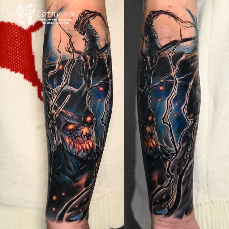 Hellscape realism tattoo by Cathy Xiaonie - Dramatic black/gray underworld scene - Chongqing tattoo artist