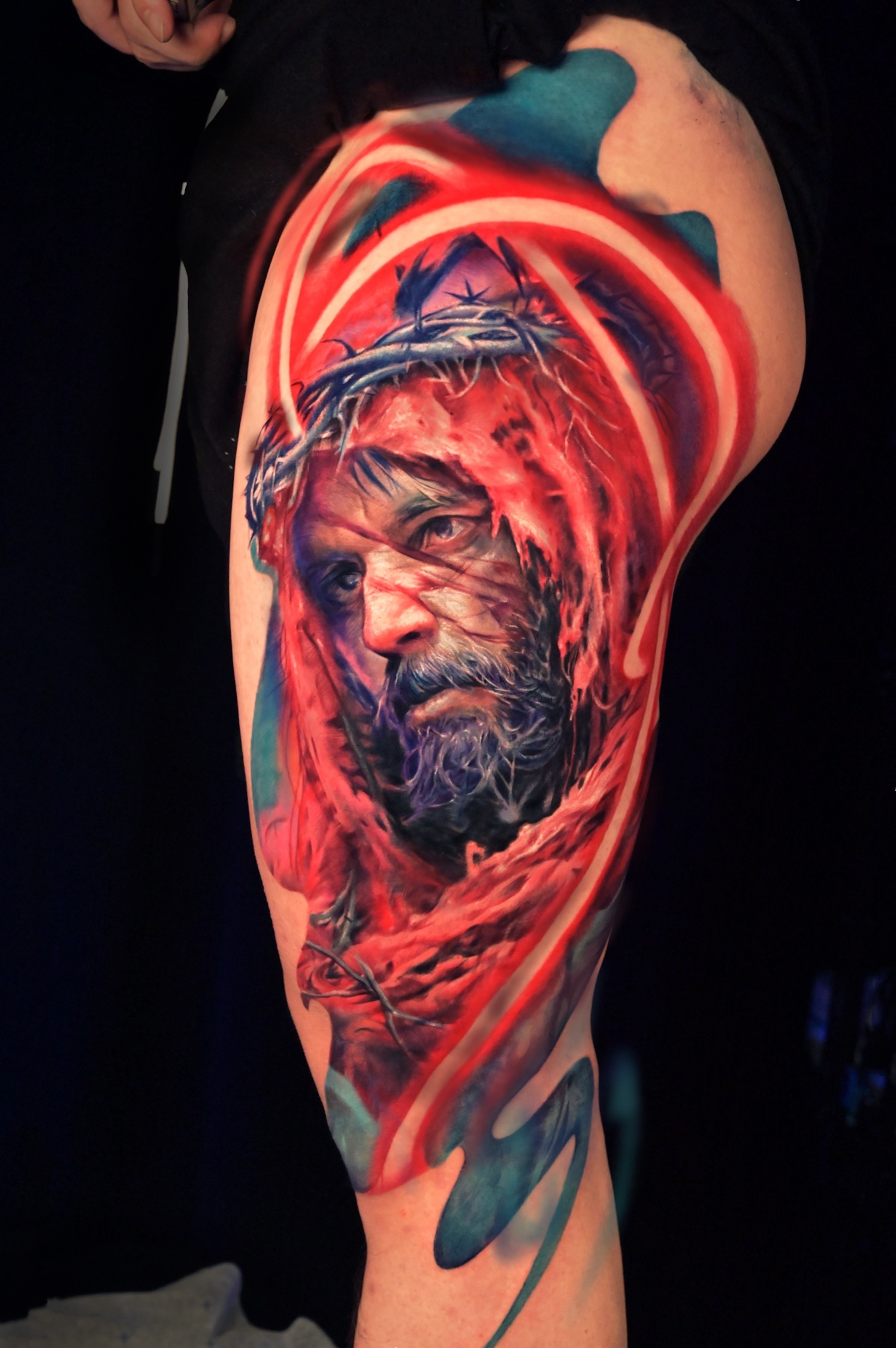 Sacred Jesus Christ portrait tattoo by Cathy Xiaonie - Divine black & gray realism with halo effect - Chongqing tattoo studio